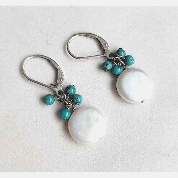 Sterling Silver Dangle Earrings White Coin Pearl & Turquoise Stamped 925 - Picture 1 of 5